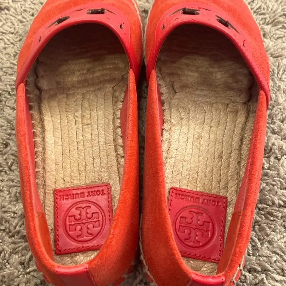 Tory Burch Women Red Canyon Suede Calf Leather Logo Espadrille Flats Size 7.5